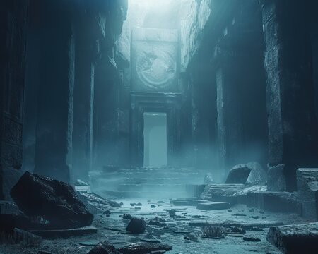 Medium View Of A Virtual Reality Experience Of Walking Through Ancient Ruins Post Comet Impact In A Minimalist Haunting Style