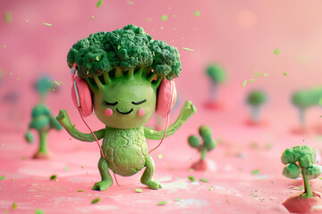 funny cartoon 3d broccoli wearing headphones and dancing 