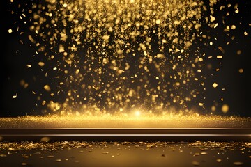 golden confetti shower cascading onto a festive stage