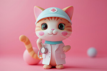 Super cute cat doctor, 3D kawaii style, simple backdrop close-up