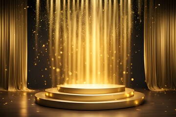 golden confetti shower cascading onto a festive stage