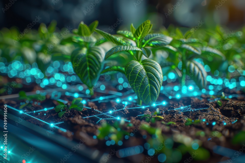 Poster a close up view of a hologram representation of a high tech agriculture business illustrating the se