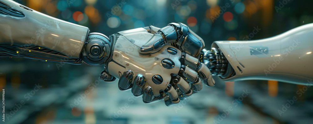 Poster a digital rendering of two partners one human and one ai sharing a friendly handshake