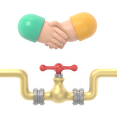Oil deal concept. Arabs businessmen handshake at a meeting. 3D illustration flat design. Oil pipe with a tap. Solution for oil sales.Supports PNG files with transparent backgrounds.

