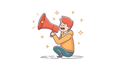 Do not forget something important loudspeaker banner to remind it a community. Flat line vector illustration of cute man sitting alone and shouting with red megaphone. Announcement or alert on white