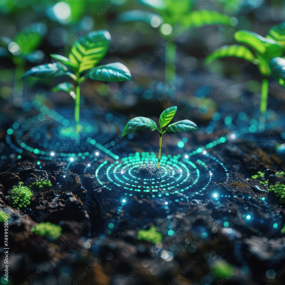 Poster close up of a biometric scanner for secure blockchain access in smart farming with minimalist tech v