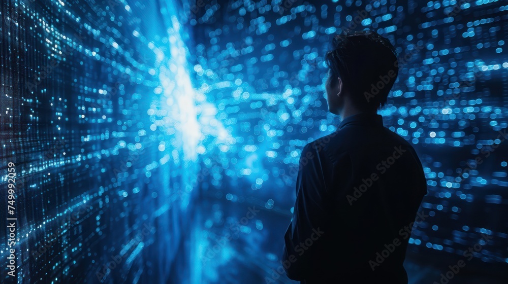 Poster close up of a businessman strategizing over a blockchain network visualized as a vast blue ocean on 