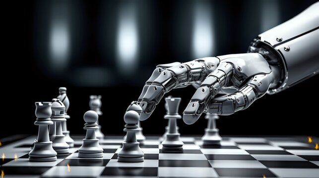 A grayscale image of a robotic hand playing chess.