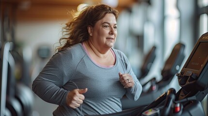 isolated happy overweight woman doing exercise running indoor in a machine - obrazy, fototapety, plakaty