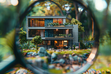 A modern miniature house seen through a magnifying glass, housing market, property inspection, real estate market concept