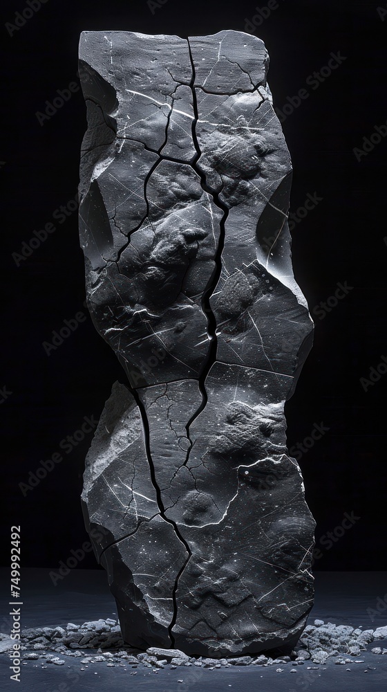 Poster close up of a minimalist weathered sculpture from ancient ruins with comet induced cracks highlighte