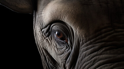 Close up of elephant eye and wrinkled skin on black background - obrazy, fototapety, plakaty