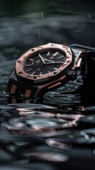 Obraz premium Commercial photo of a sports-style men's watch, in black and pink, on transparent water.