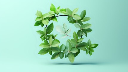 Floating ring of green leaves on a pastel green background.