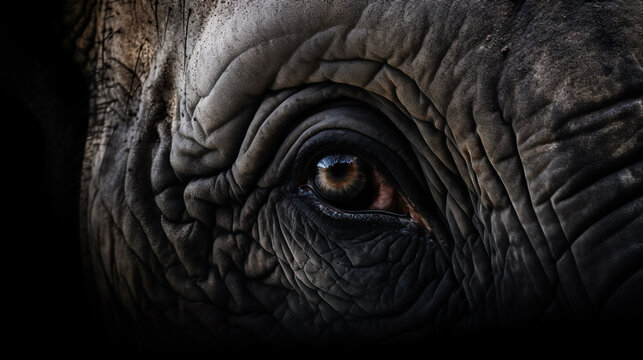 Close Up Of Elephant Eye And Wrinkled Skin On Black Background