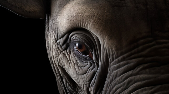 Close Up Of Elephant Eye And Wrinkled Skin On Black Background