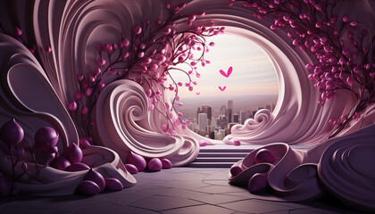 Vibrant pink enterior environment with hearts and flowers wallpaper realistic 3D background created with ai generative technology 