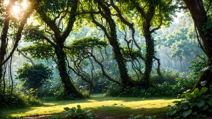 Deep jungle in the morning, big tree, Natural background