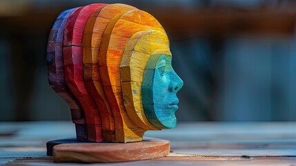 Wooden head with different colors, concept of inclusion and diversity. - obrazy, fototapety, plakaty