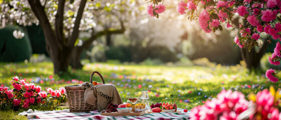 Picnic at blooming spring garden. Cute Wicker basket with flowers, meal. Tablecloth on the grass in a park. Outdoors rest. Breakfast on the nature. Generative ai - obrazy, fototapety, plakaty