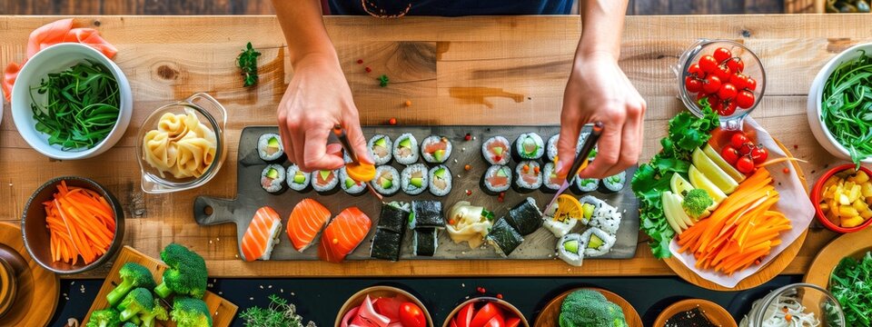 Special sushi dishes in a restaurant. Person preparing a plate of sushi. Sushi on the table.