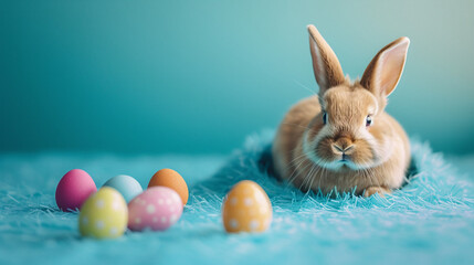 Fototapeta na wymiar Easter bunny and Easter eggs with rabbit hole on blue background.