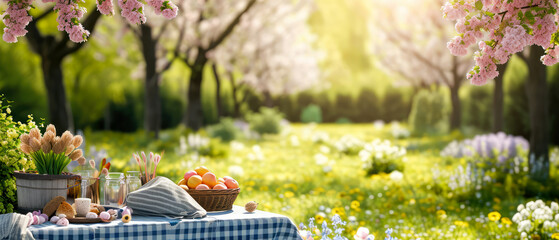 Picnic at blooming spring garden. Cute Wicker basket with flowers, meal. Tablecloth on the grass in a park. Outdoors rest. Breakfast on the nature. Generative ai
