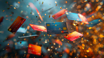 Dynamic credit cards with sparks flying, capturing the energy of finance and shopping in a vivid, fiery display. - obrazy, fototapety, plakaty