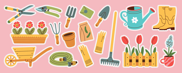 Stickers set of gardening items in hand drawn style. Agricultural and garden tools for spring work. Vector illustration.