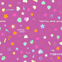 Y2k seamless pattern from the 2000s relevant today. Collection of stars, hearts, emoticons and 2000s font styles. Templates for pomters, banners, stickers, new retro flat design.