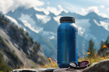 tourist water bottle on the background of mountains - obrazy, fototapety, plakaty