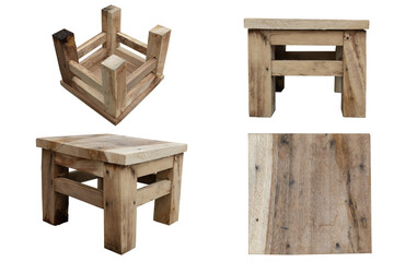 Low wooden chair. Fore view of Top Side Perspective and Upside down. Isolated white background for...