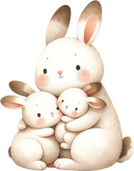 Obraz premium Adorable Rabbit Family Watercolor Illustration, A heartwarming image of a mother rabbit with her little bunnies, captured in a gentle watercolor style, perfect for family themes.