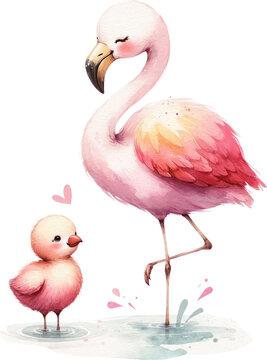 Mother Flamingo with Chick Watercolor Artwork, A sweet and tender watercolor painting of a mother flamingo standing with her fluffy pink chick, symbolizing care and nurture.