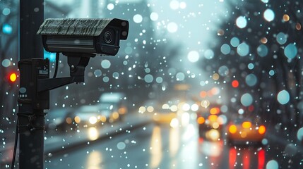 Fototapeta na wymiar Urban Surveillance: Security Camera Overseeing Rainy Evening Traffic Amidst City Lights