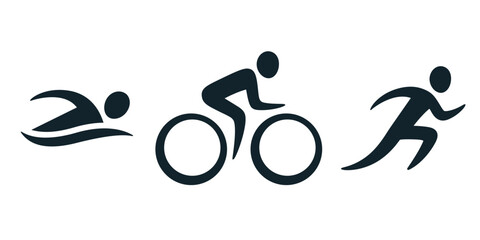 Triathlon activity icons: swimming, bicycle, running. Simple sports pictogram set. Isolated vector logo.