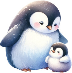 Fototapeta premium Mother Penguin with Chick Watercolor Illustration, the loving moment between a mother penguin and her chick, perfect for family and nature themes.