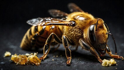 Closeup of dead honey bee on black background. Bee extinction concept