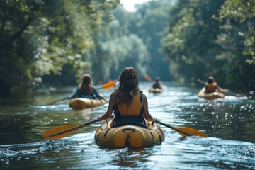 A group of kayakers paddle down a scenic river surrounded by lush greenery, immersed in nature - obrazy, fototapety, plakaty