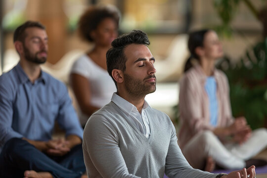 Stress management workshop with people practicing relaxation techniques