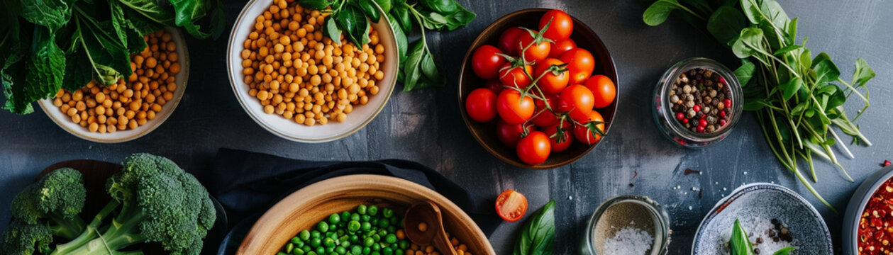 Vegan meal preparation, with a variety of plant-based ingredients