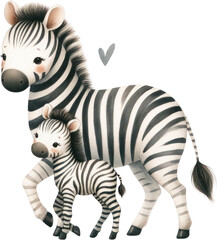 Fototapeta na wymiar Protective Zebra Mother with Foal Illustration, An endearing watercolor illustration of a zebra mother attentively standing with her young foal, a scene of wild familial bonds.