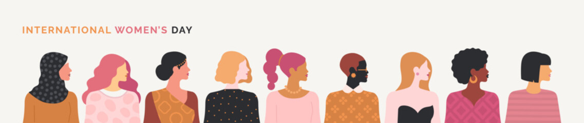 International Women's Day concept. Vector horizontal illustration in modern minimalist style of a group of diverse multiracial women's portraits. Isolated on white background