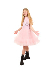 Naklejka premium Young girl posing in elegant pink dress