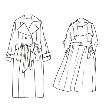Template vector illustration hand drawn of Oversized Trench coat with belt line art, front and back view, isolated on white background for kids coloring book.