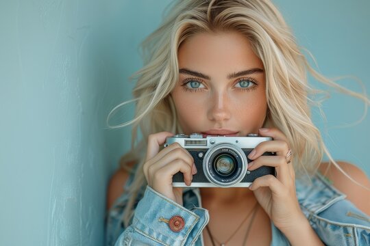 A striking portrait of a woman with striking blue eyes holding a vintage silver camera