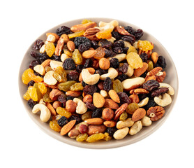 Mix of dried nuts and raisins isolated on white.