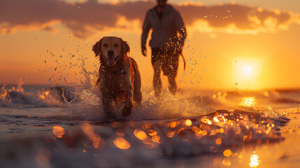 A dog and its owner on a beach at sunset, with the dog playfully splashing in the water. The setting sun provides a beautiful, warm backlight, creating a silhouette effect.