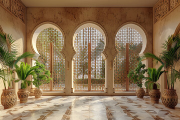 Room with three arches and a lot of plants at arabian style