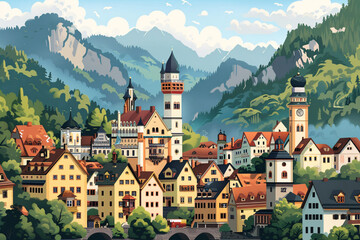 Illustration of an old German-style town in front of a Bavarian mountain range  - obrazy, fototapety, plakaty